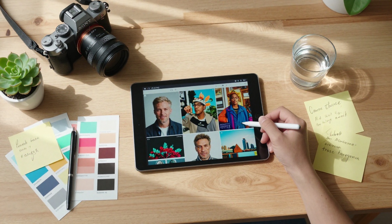 Creative designer's flat-lay desk with AI image thumbnails on a tablet