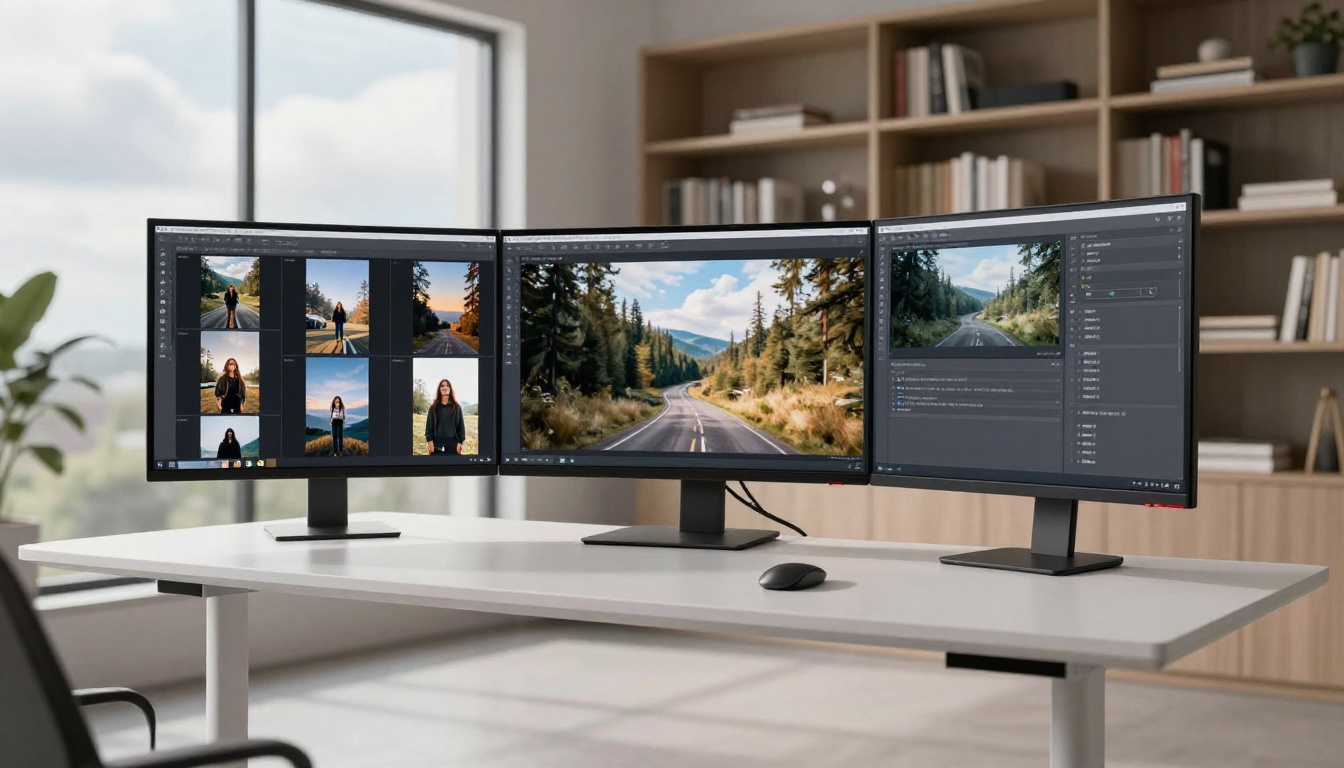 Low-angle view of ultrawide monitor showing AI image generation interface