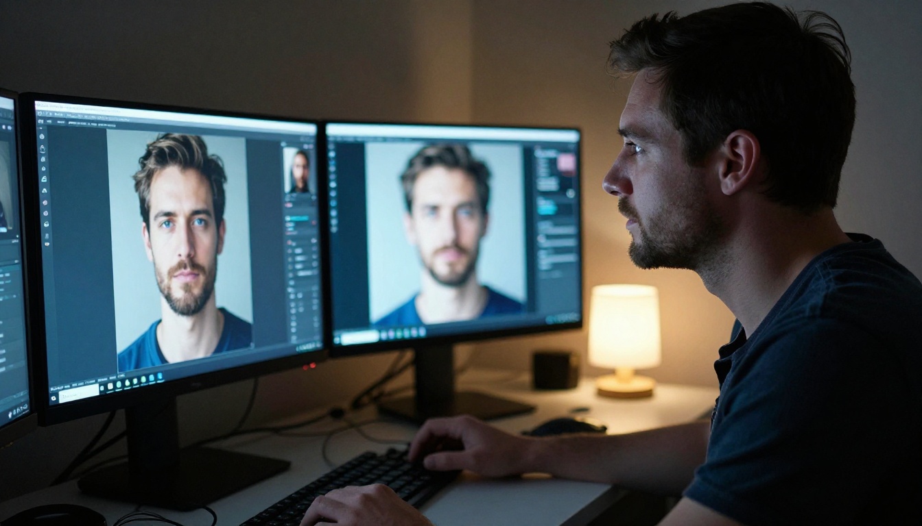 Male photographer focused on dual-monitor workstation