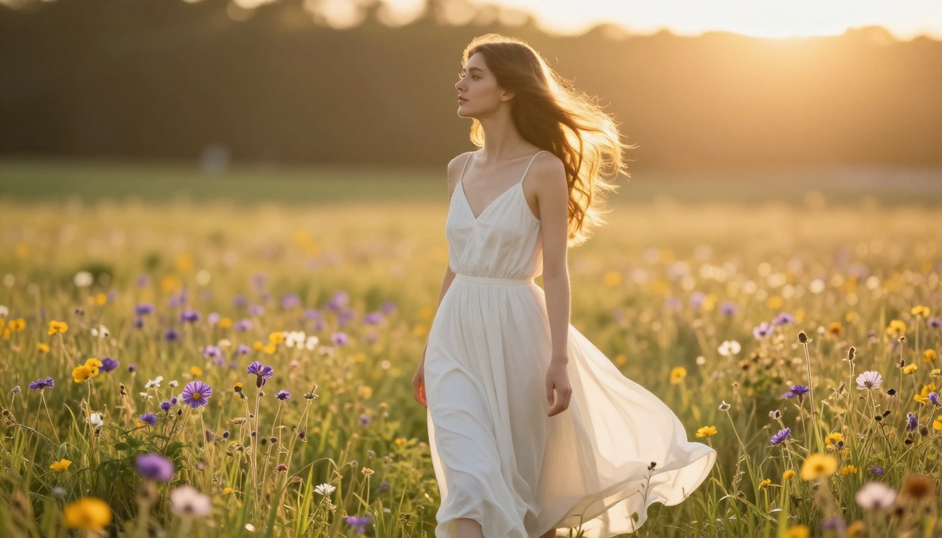 Woman in golden hour backlight with natural rim-light halo, creamy bokeh wildflowers, and realistic meadow environment