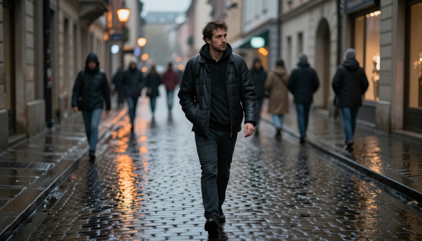 Candid street photography of a man in rain-soaked European alley showing realistic wet pavement reflections and atmospheric shadow behavior