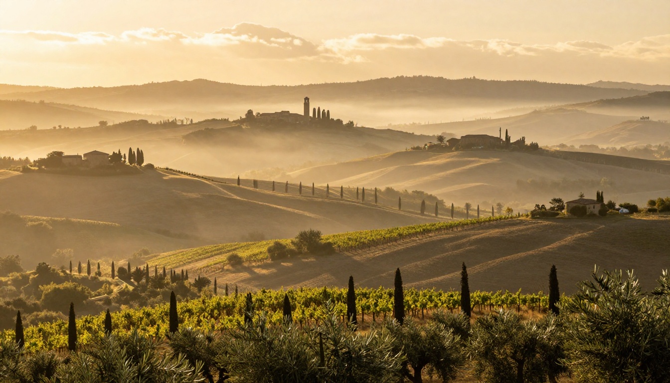 Wide photorealistic Tuscan landscape with morning mist, layered atmospheric depth, and Kodak Portra film emulation