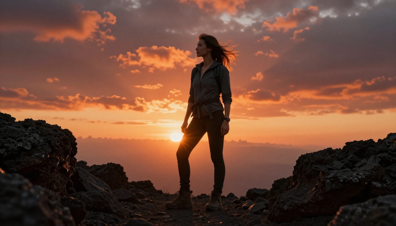 Low-angle hiker portrait at sunset with authentic lens flare streaks and cinematic backlighting through wind-blown hair