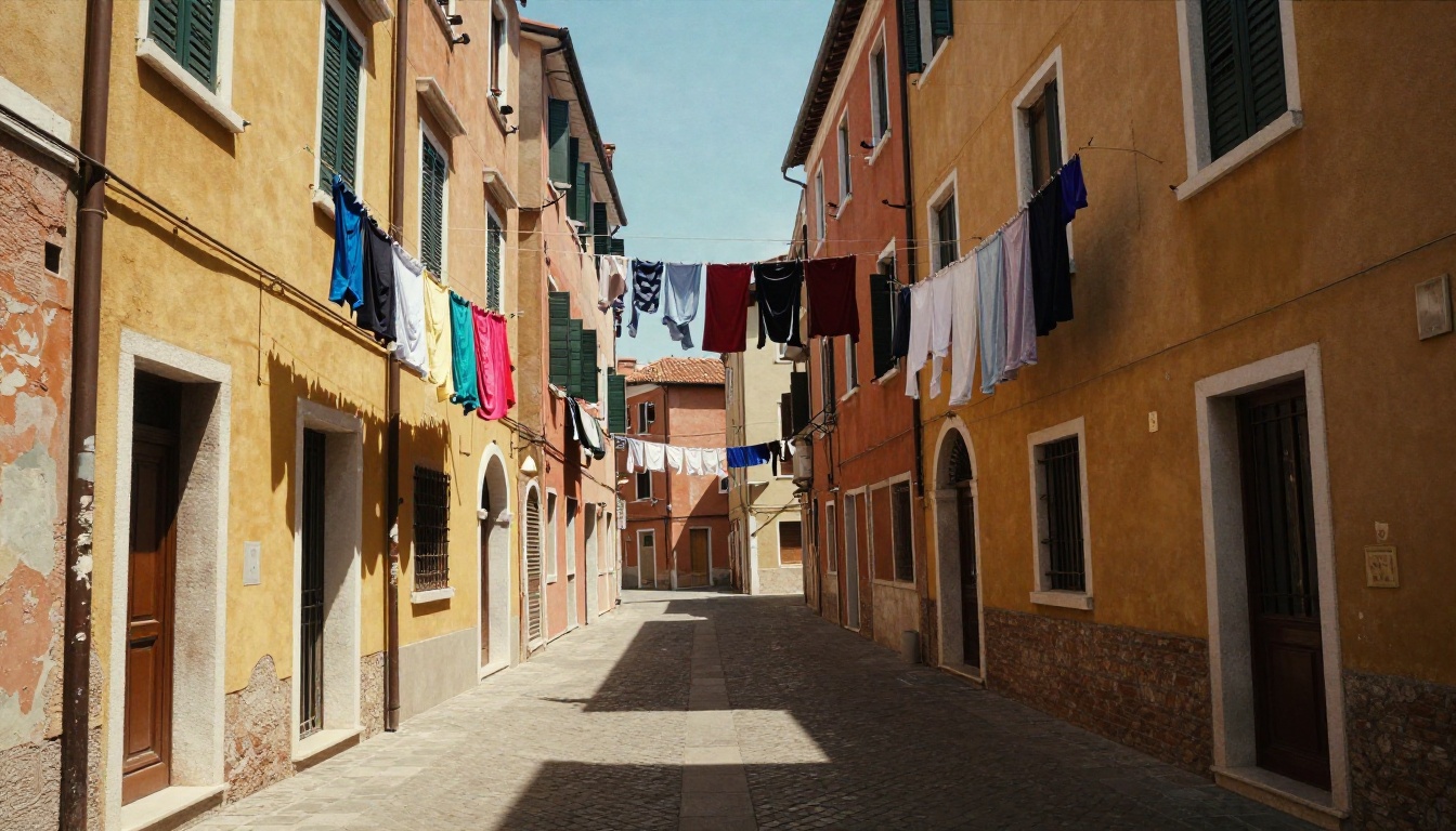 Wide-angle Italian alley shot showing saturated stucco textures, harsh midday shadows, and authentic cobblestone detail