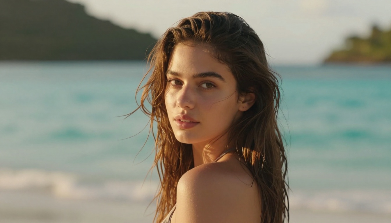 Photorealistic glamour portrait at golden hour beach with natural backlight, skin texture, and turquoise water bokeh