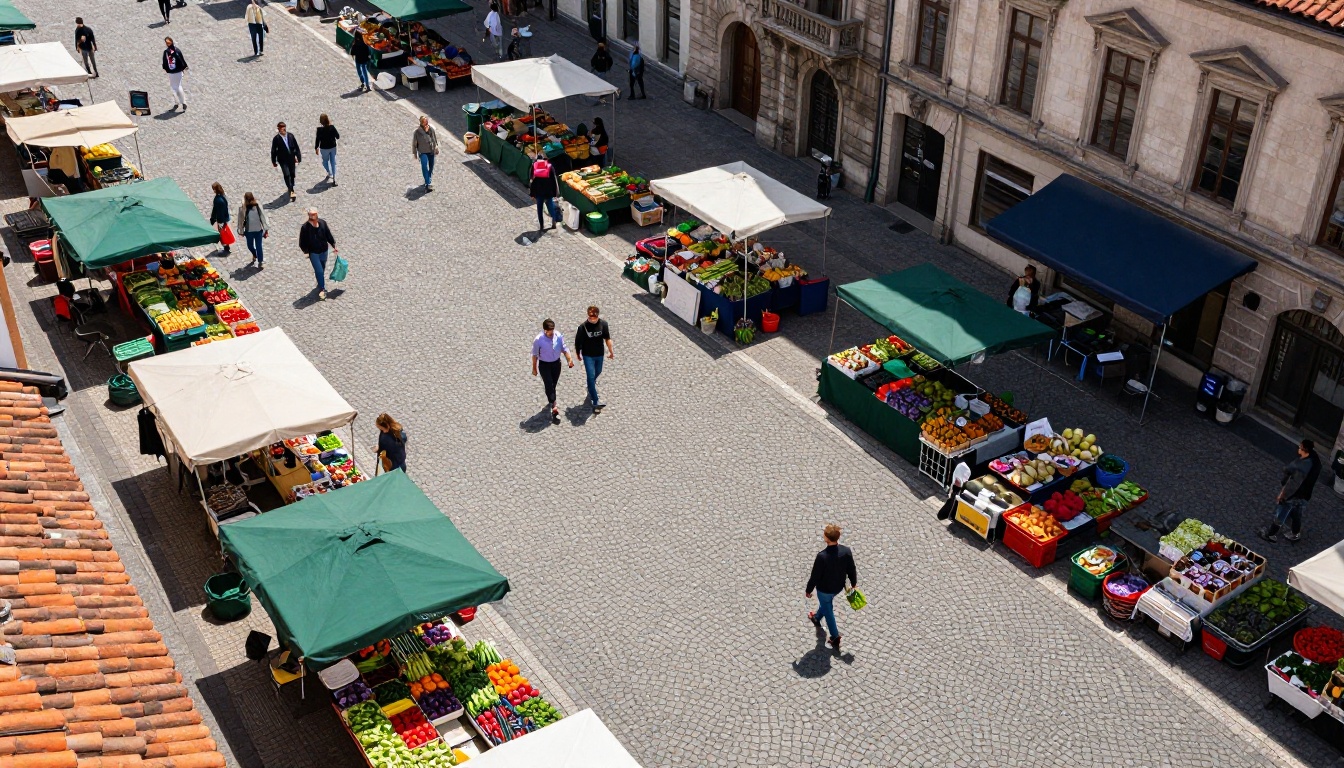 Aerial overhead photorealistic farmers market scene with geometric composition, accurate midday shadows, and rich color detail