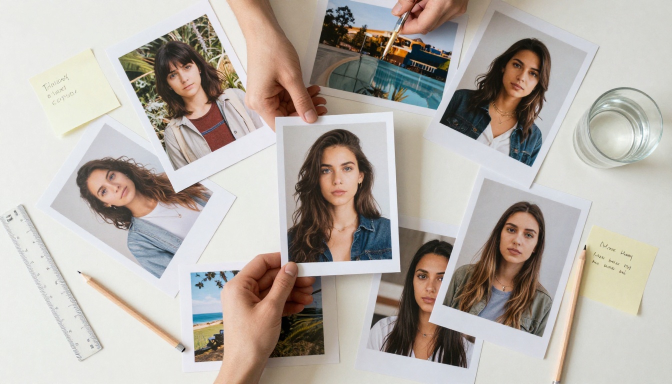 Overhead flat-lay of printed AI photographs scattered on designer desk