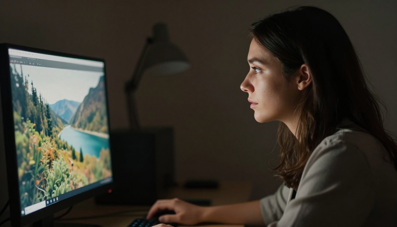 Woman at monitor with focused awe at photorealistic AI-generated image results