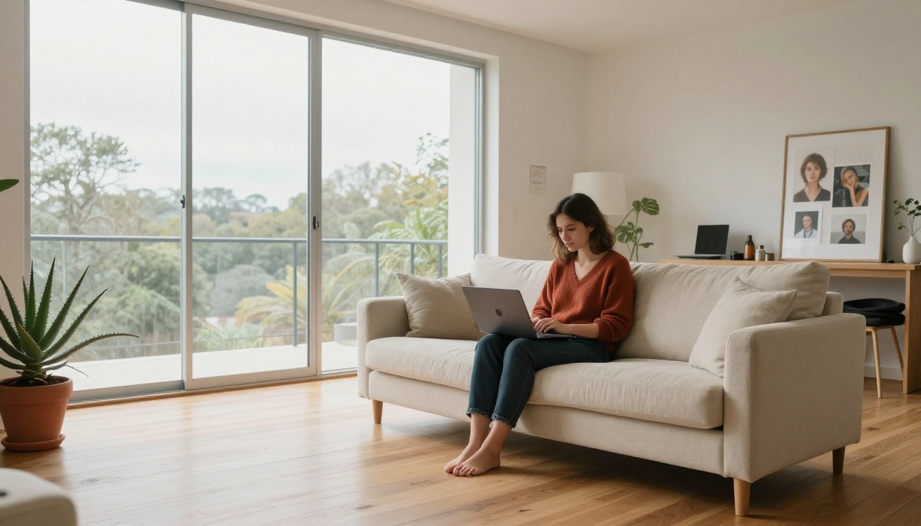 Woman browsing AI image gallery on laptop in bright Scandinavian living room