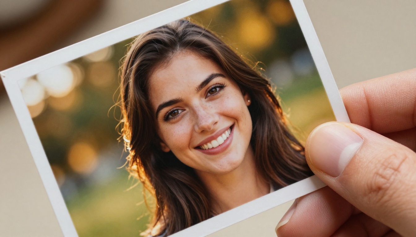 Extreme close-up of printed AI photograph held between fingers showing fine detail