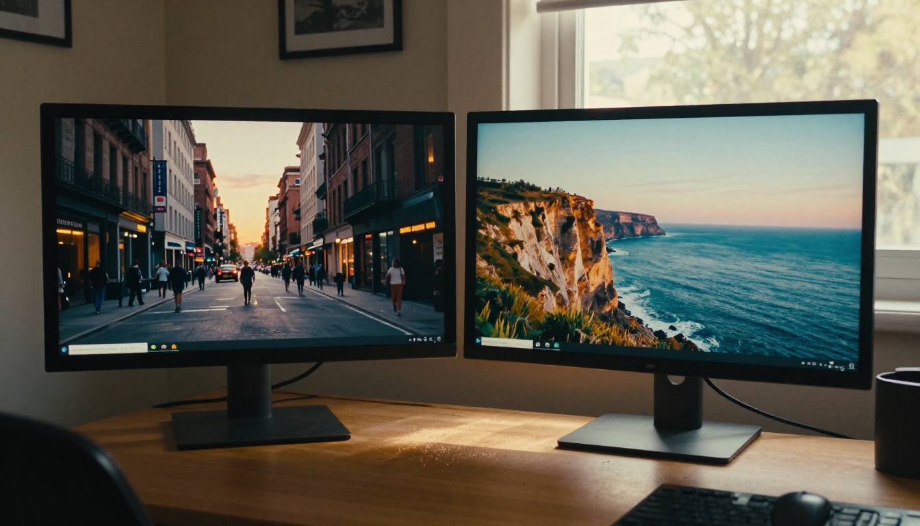 Two monitors side by side in home office showing different AI-generated landscapes