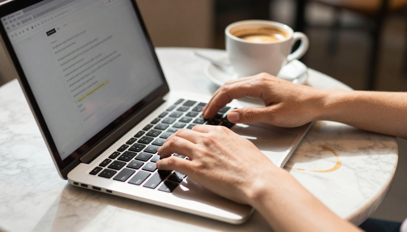 Woman's hands typing prompt at marble cafe table with coffee cup nearby