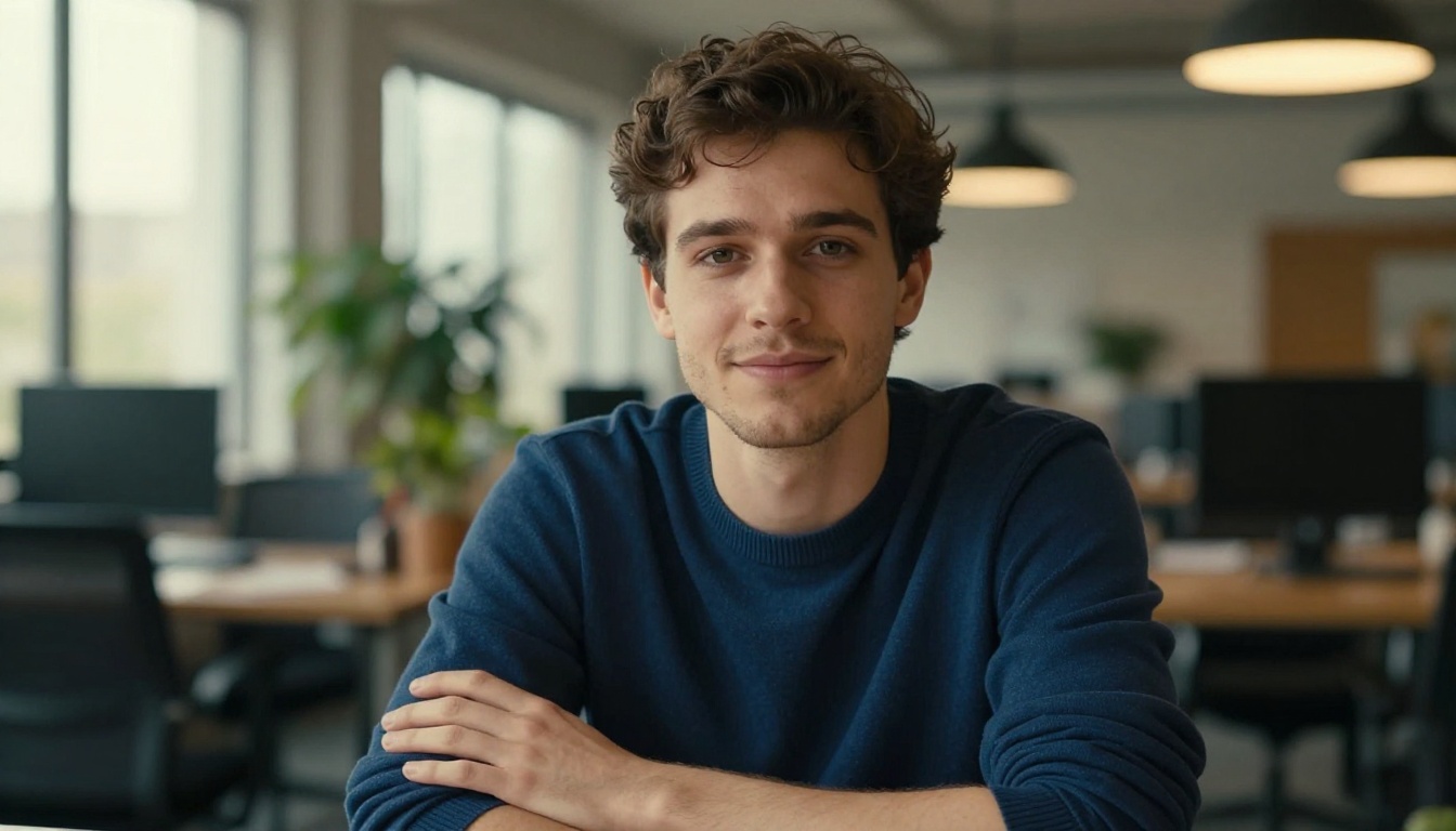 Young man at standing desk with confident expression in open-plan creative office