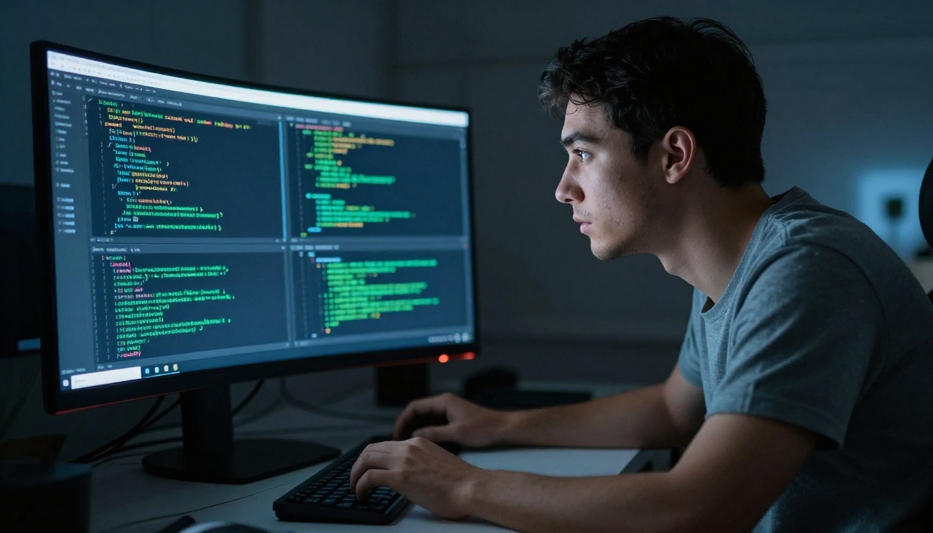 Software engineer focusing on code at night monitor Software engineer focusing on code at night monitor
