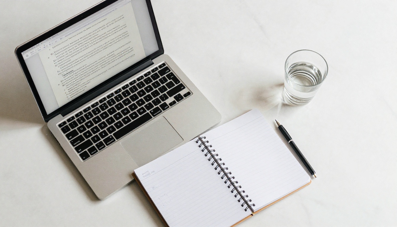Flat-lay minimalist workspace with laptop and notebook Flat-lay minimalist workspace with laptop and notebook