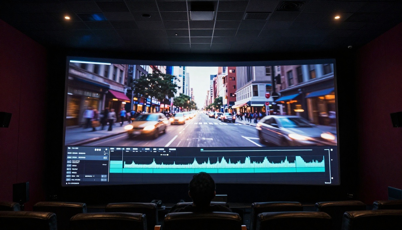 A low-angle shot looking up at a large cinema screen in a dark professional editing suite showing a frozen urban street scene, with video timeline interface visible and acoustic foam ceiling panels
