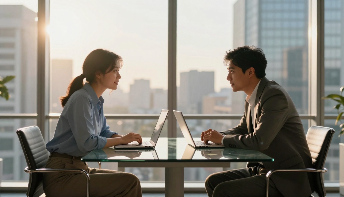 Two business professionals in a glass conference room Two business professionals in a glass conference room