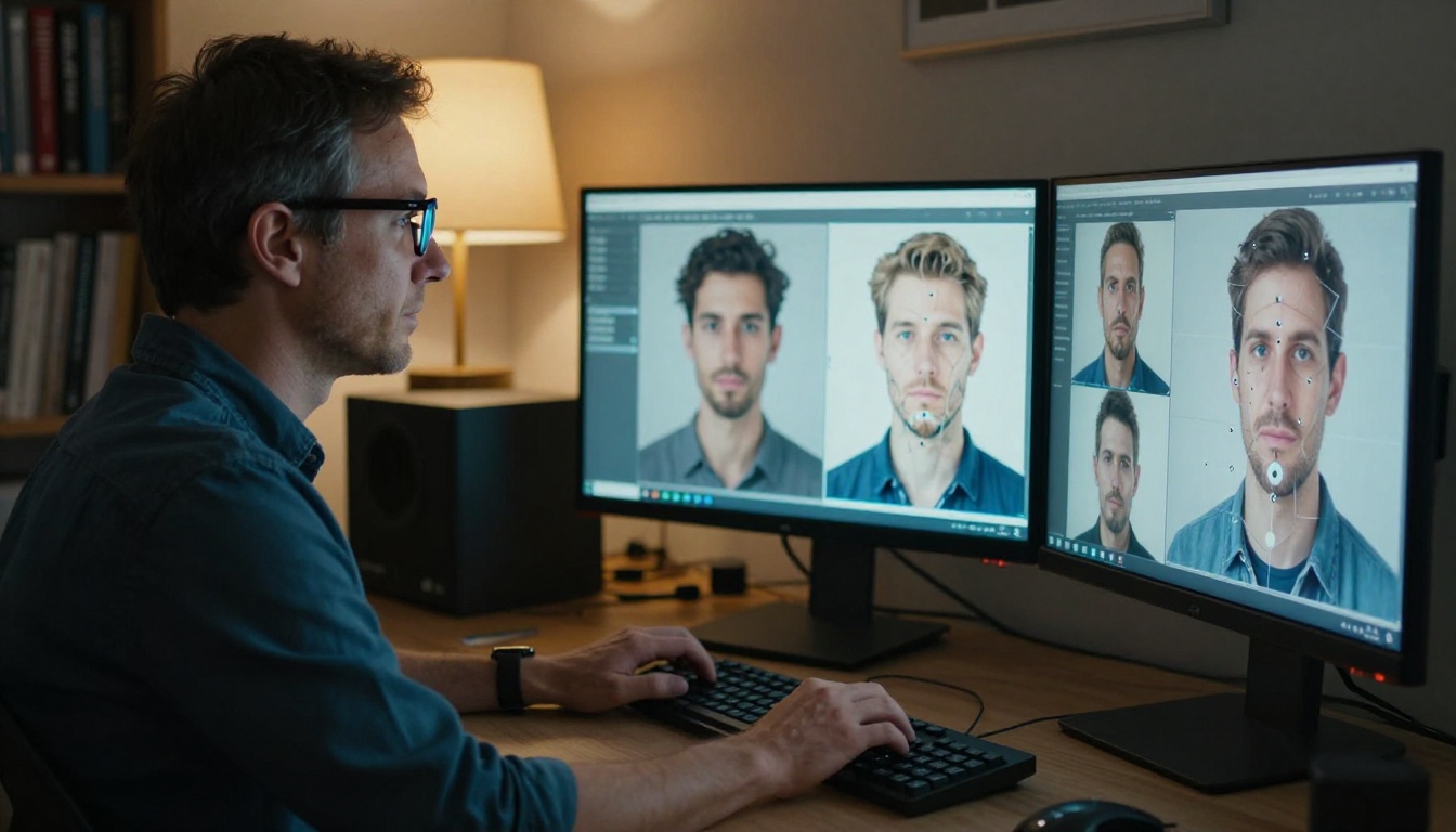 A male researcher seated in front of triple monitors showing facial recognition overlays on portrait photographs, home office at dusk with desk lamp light on left profile