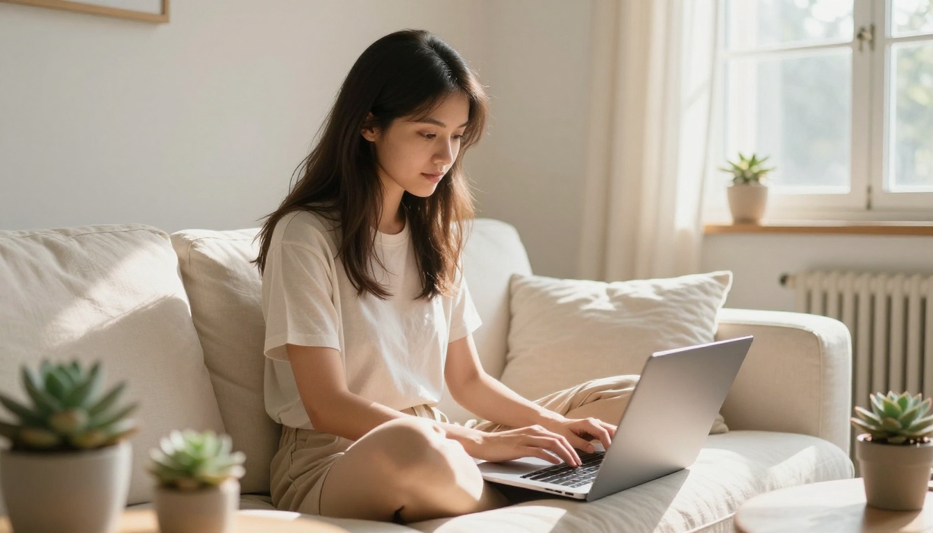 Woman with laptop on white linen couch in sunlit room Woman with laptop on white linen couch in sunlit room