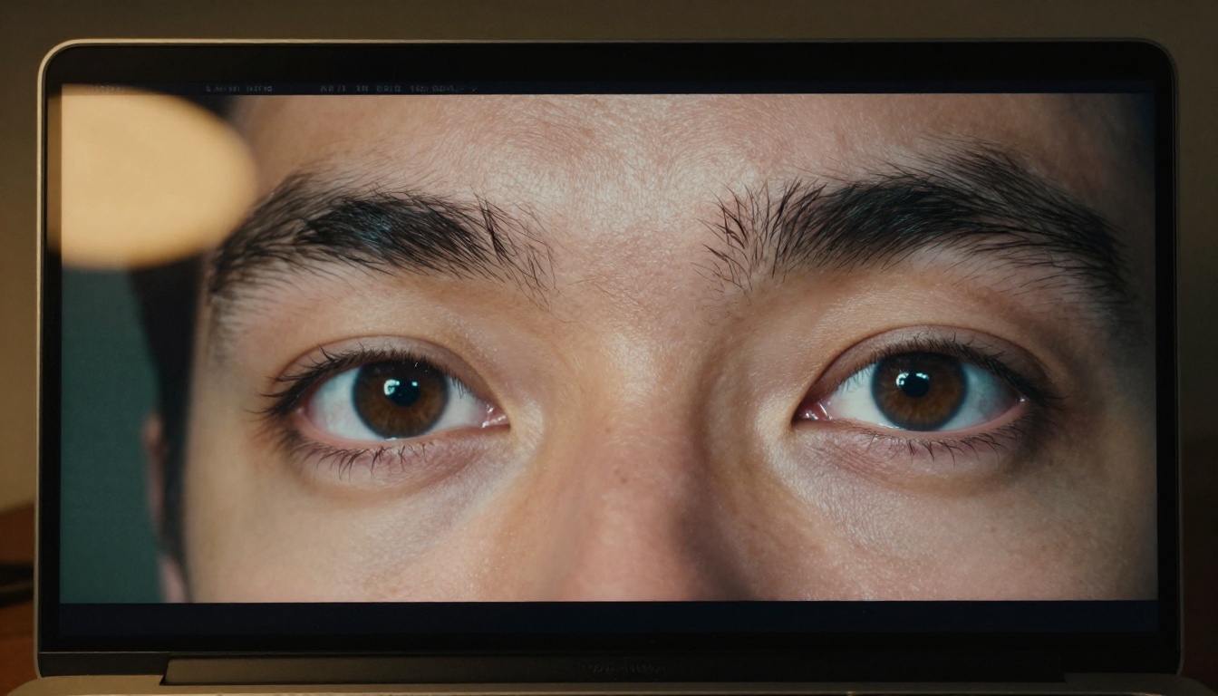 Close-up of man's eyes reflected in a laptop screen
