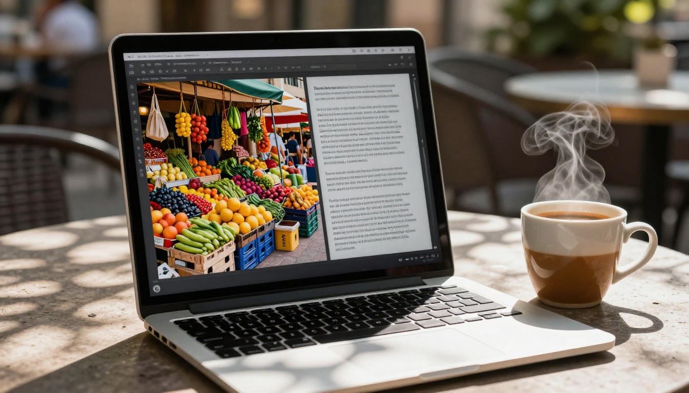 A laptop screen on an outdoor cafe table showing a split-panel interface with a photograph of a colorful market stall on the left and a detailed AI text description on the right