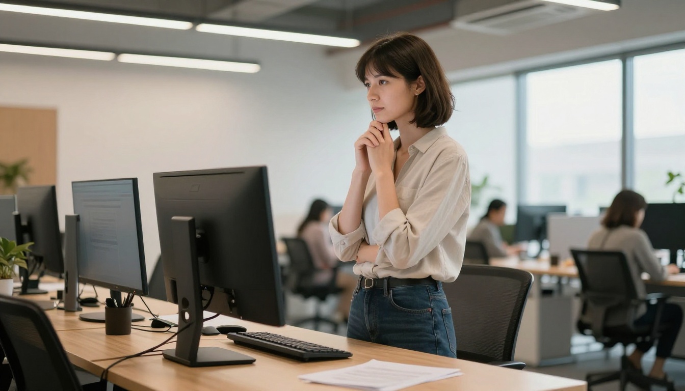 Woman at standing desk with two large monitors