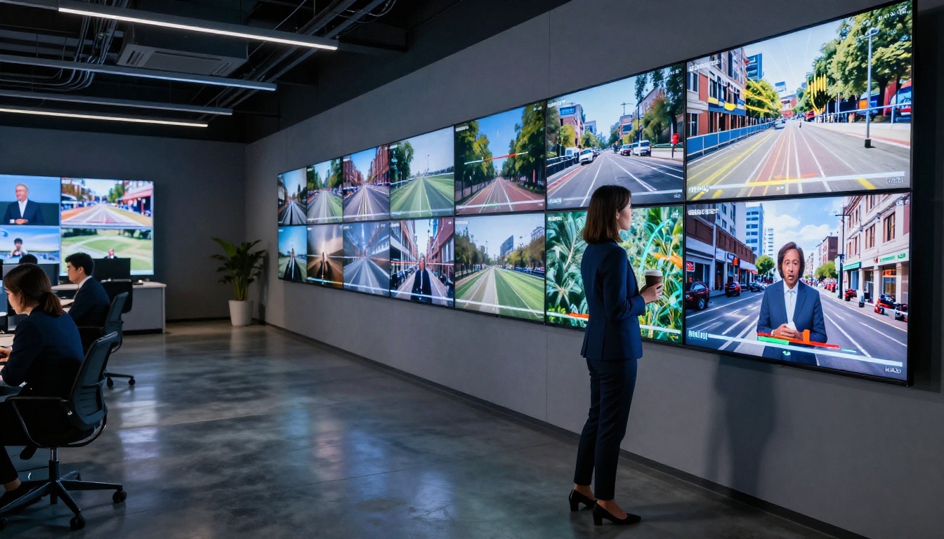 A wide shot of a modern newsroom studio with multiple large wall-mounted screens displaying video frames from sports, nature, and city scenes, a woman in a navy blazer studying one screen holding a coffee cup
