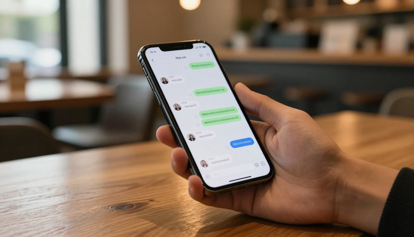Hand holding a phone with AI chat in a warm cafe