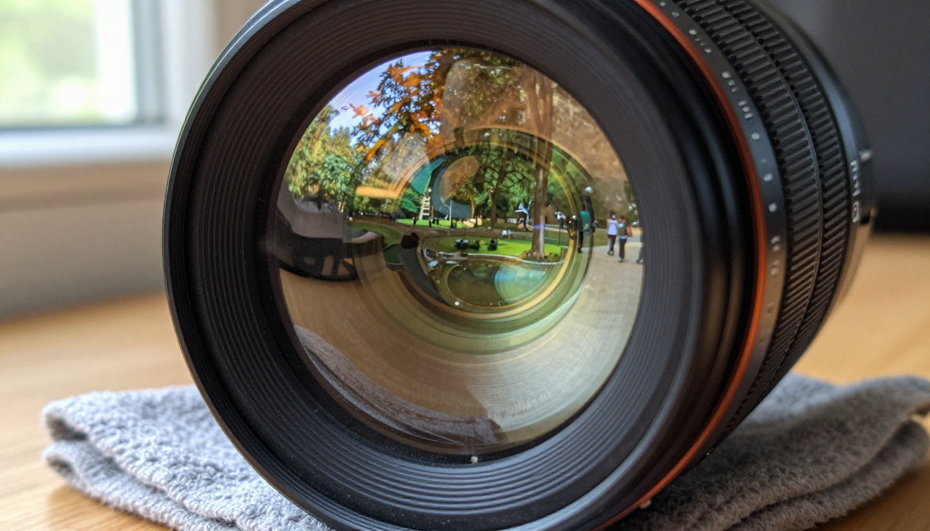 A close-up macro shot of a camera lens glass element reflecting a colorful outdoor park scene, resting on a gray microfiber cloth on a wooden desk with diffused natural window light