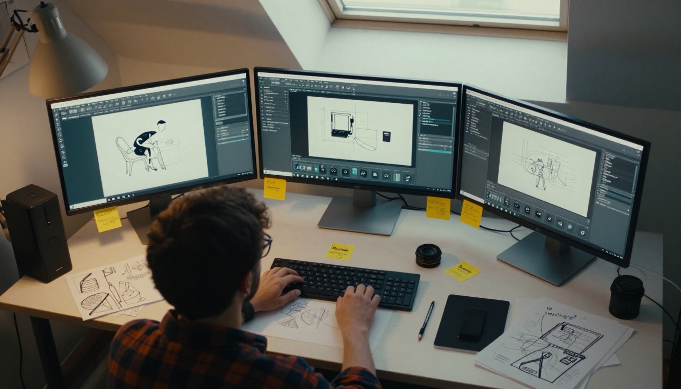 Creative professional at a triple-monitor studio desk