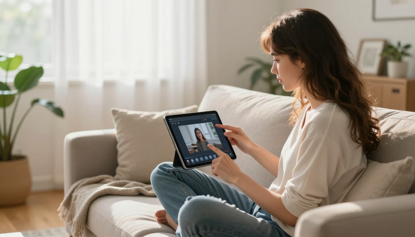 A young woman sitting cross-legged on a modern couch holding a tablet showing a video playback interface with AI-generated chapter markers, sunlight through sheer white curtains backlighting her hair