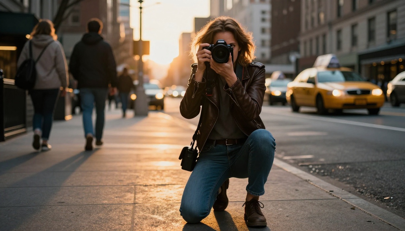 A professional photographer kneeling on a wet city sidewalk from a dramatic low angle, camera aimed directly at the viewer, golden hour rim light on her silhouette from behind, leather jacket and jeans, blurred taxi cabs and pedestrians behind