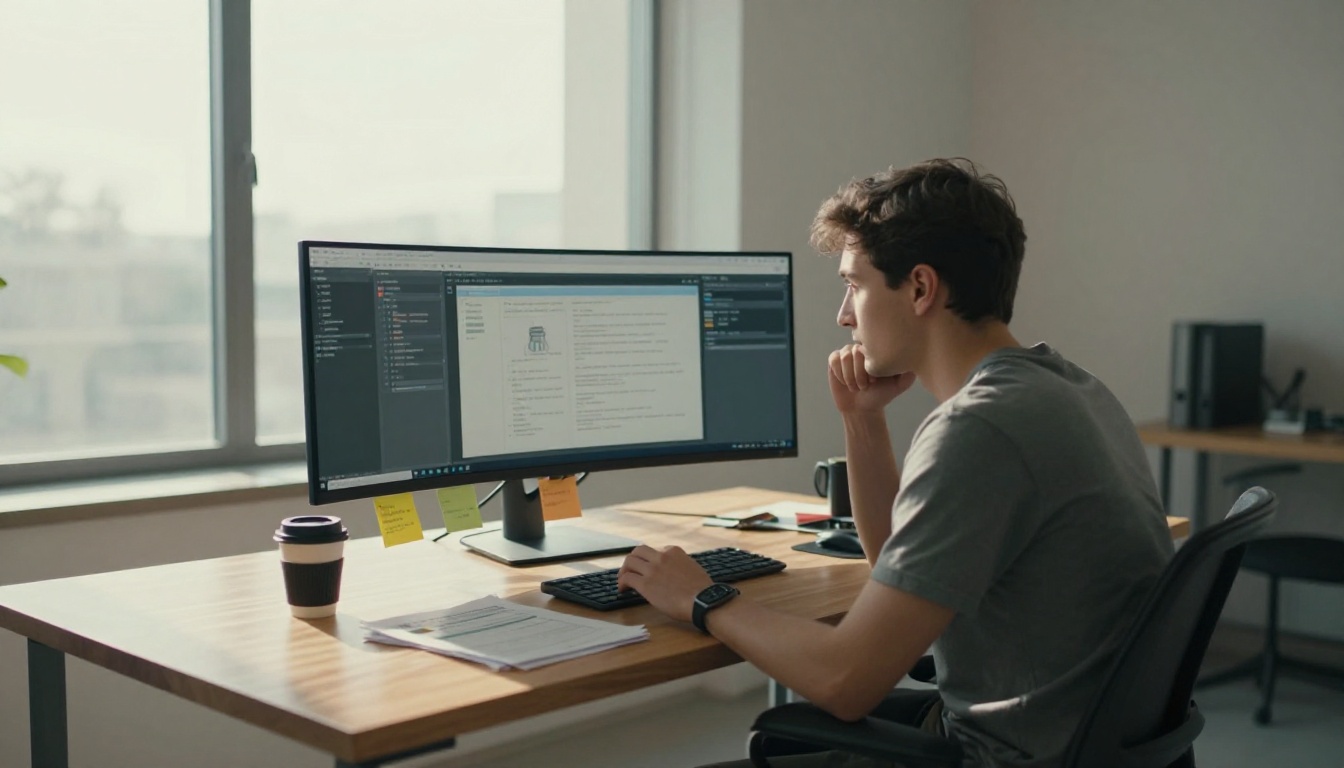 A professional reviewing AI outputs on an ultrawide monitor in a bright home office