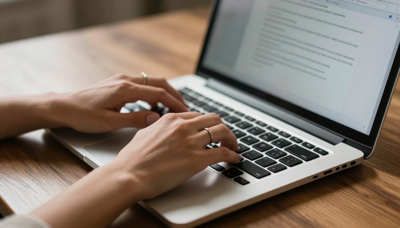 Close-up of a woman's hands typing rapidly on a laptop keyboard, morning sidelight casting shadows between keys