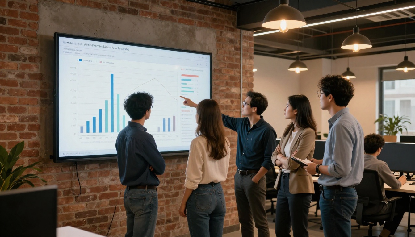 A team of data scientists reviewing benchmark comparison charts on a display in a modern tech office