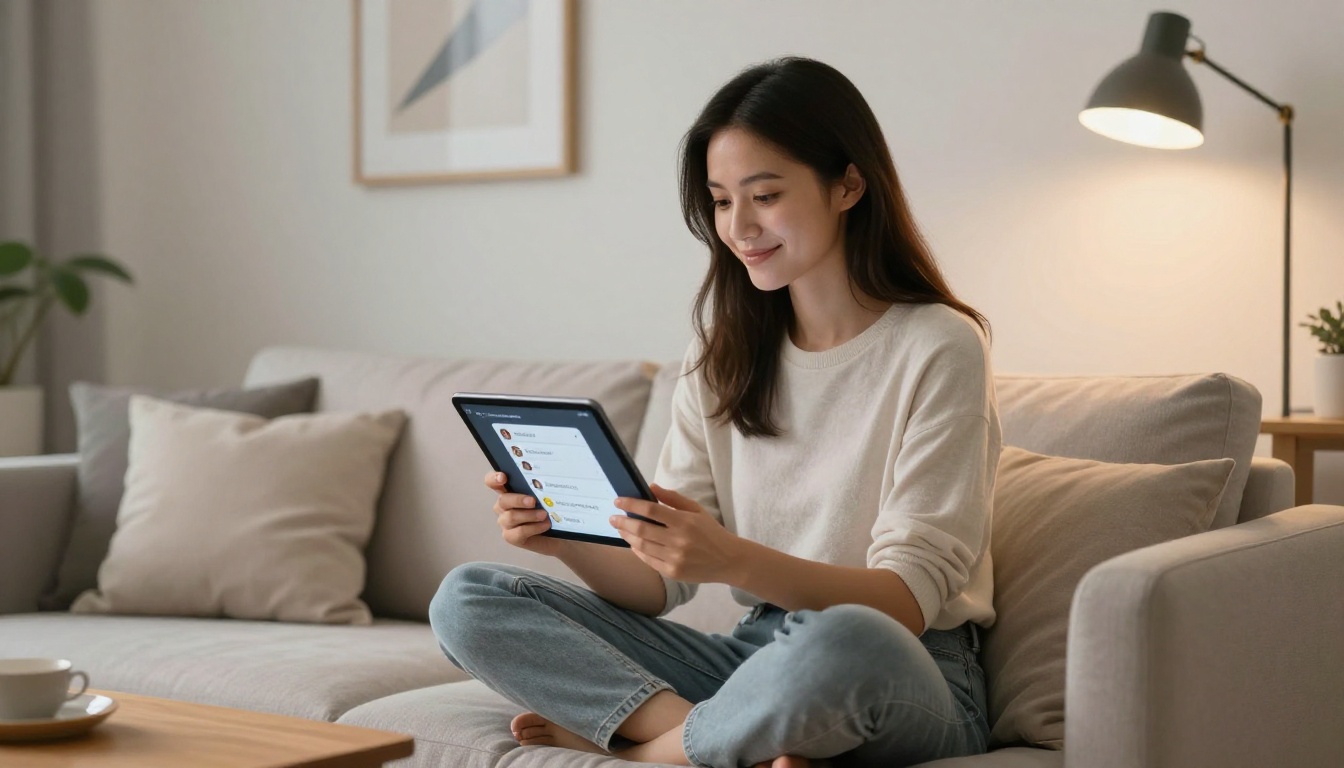 A woman smiling while using a tablet with a multilingual AI conversation interface in a modern apartment