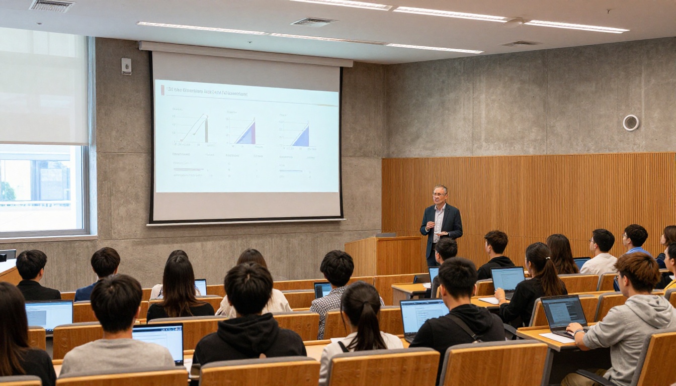 A professor presenting AI benchmark slides to graduate students in a sunlit university lecture hall
