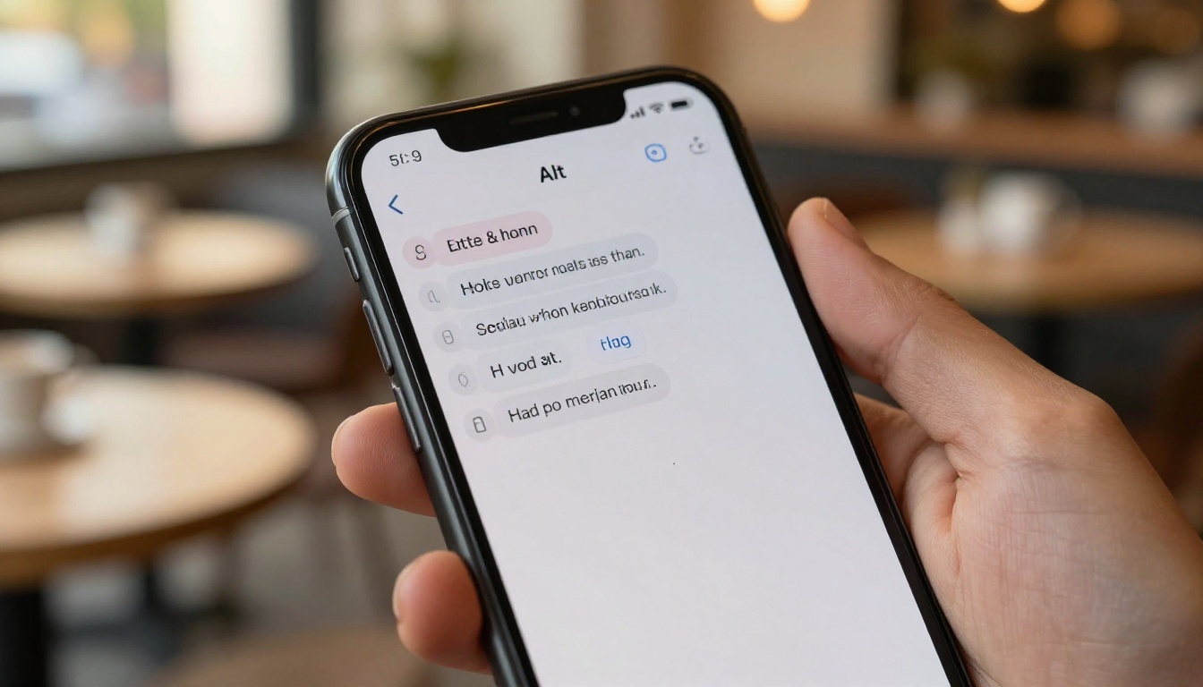 A smartphone held in one hand displaying a clean AI chat interface, with warm cafe bokeh in the background