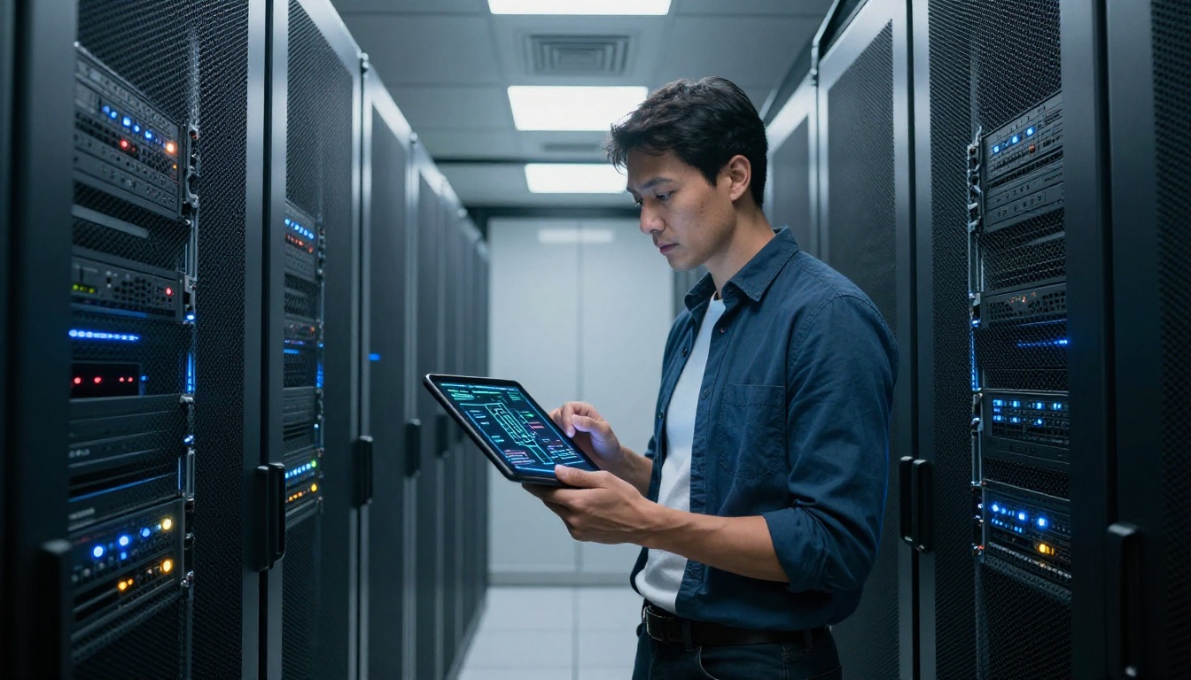 A software engineer reviewing AI architecture diagrams on a tablet in a modern server room corridor