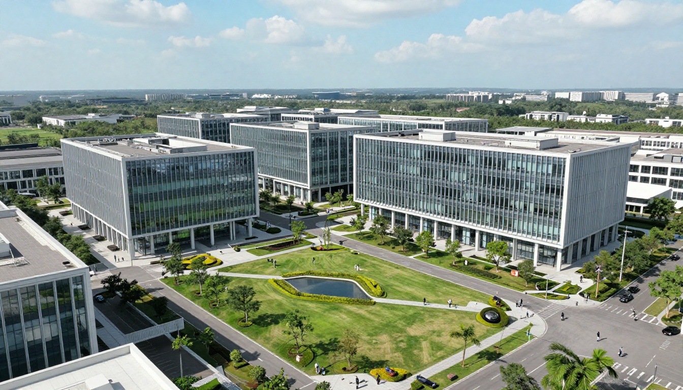 An aerial drone view of a modern technology campus with glass buildings and manicured green courtyards