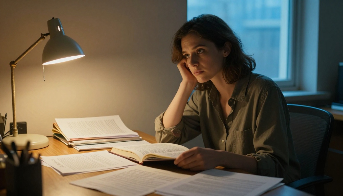 A female researcher in a library illuminated by warm desk lamp and cool window light, looking up thoughtfully
