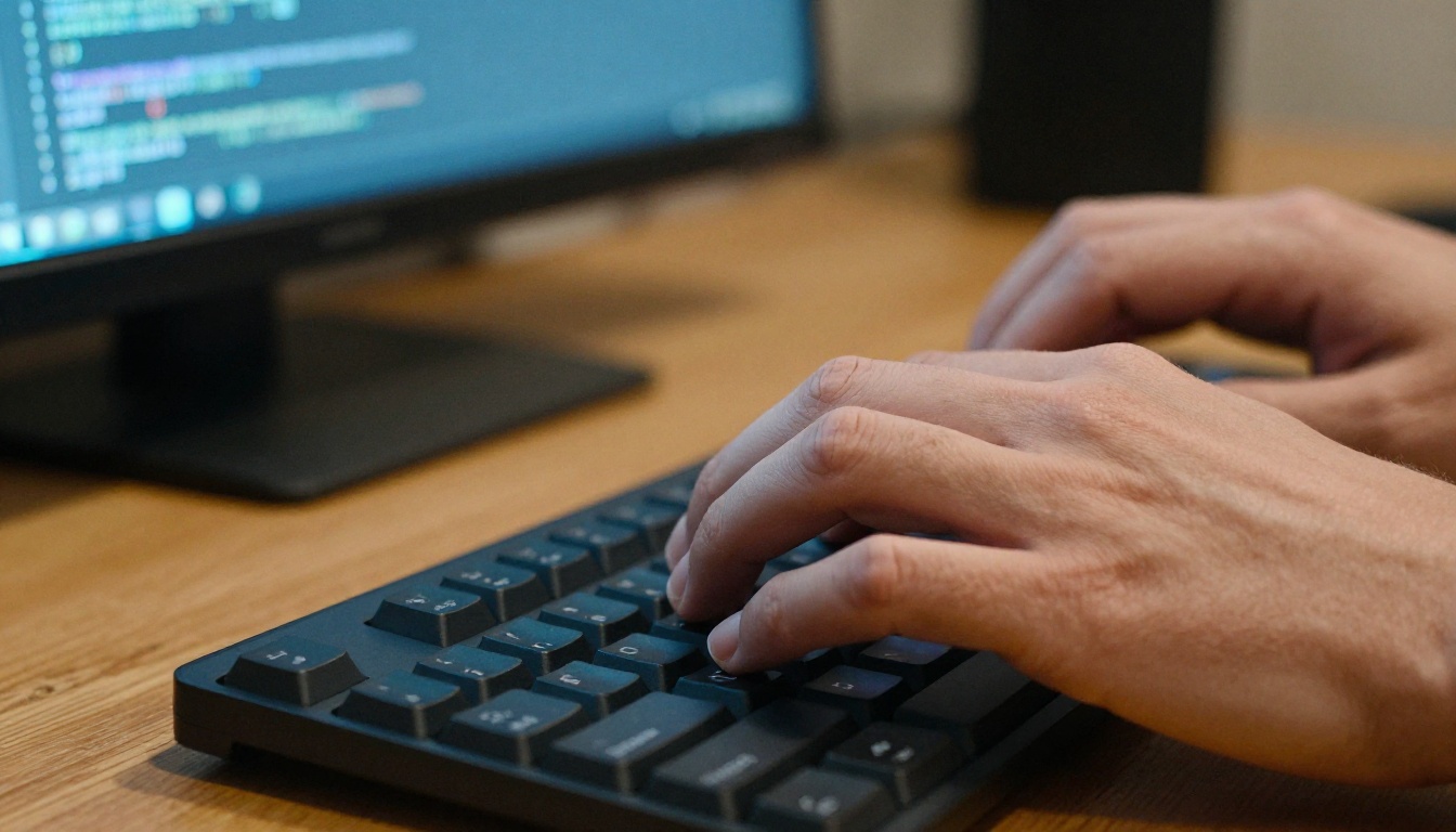 Close-up of hands typing on keyboard with code visible on dual monitors