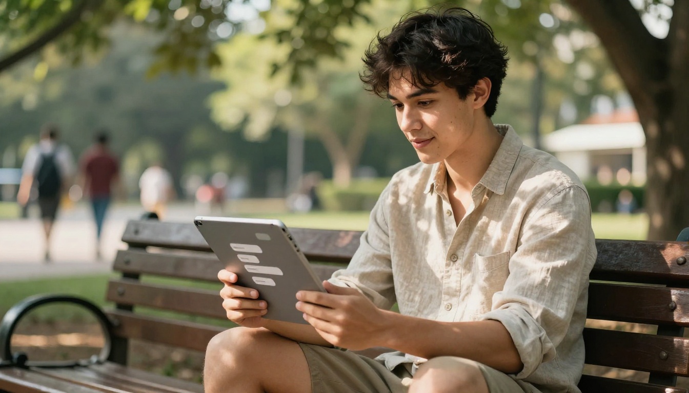 Young man sitting on park bench holding a tablet with AI chat interface visible