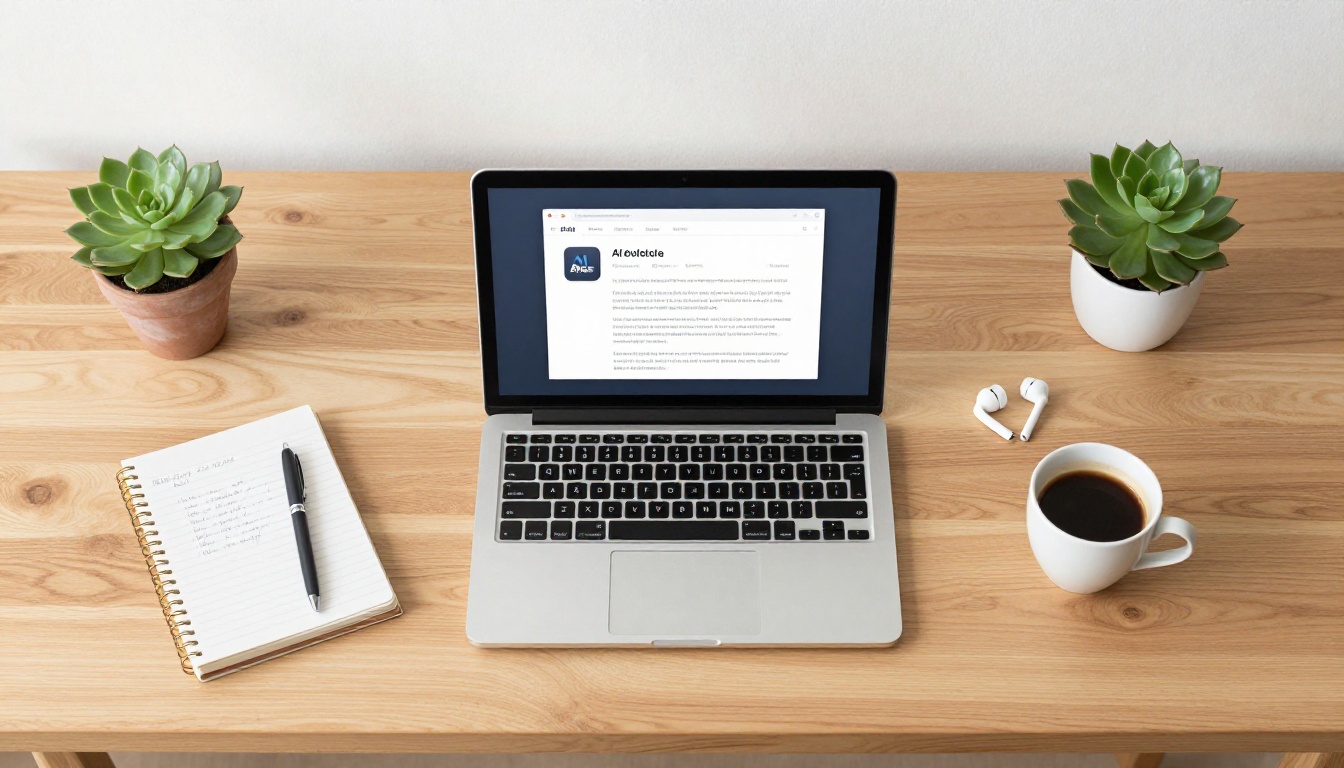 Aerial flat-lay of clean workspace with laptop, notebook, espresso, and succulent