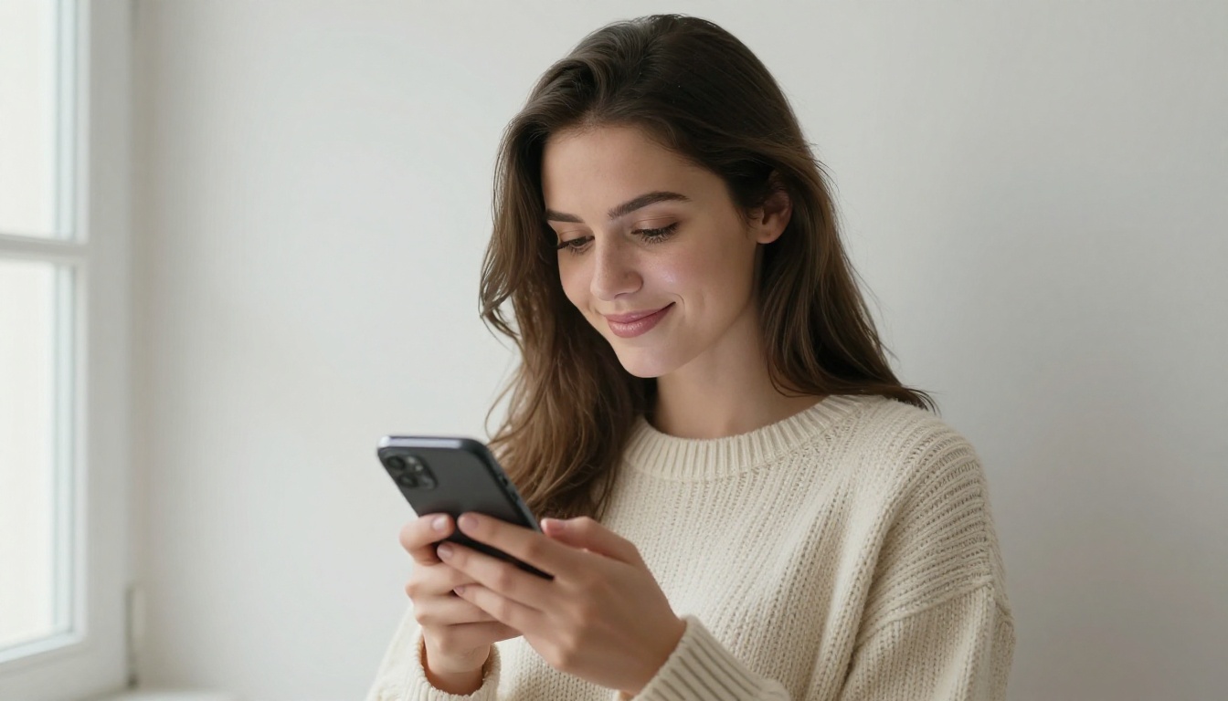 Woman looking at AI response on smartphone with soft natural daylight