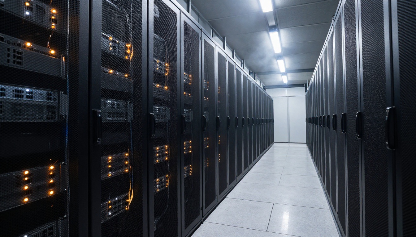 Server room corridor with amber LED accent lights and towering black racks