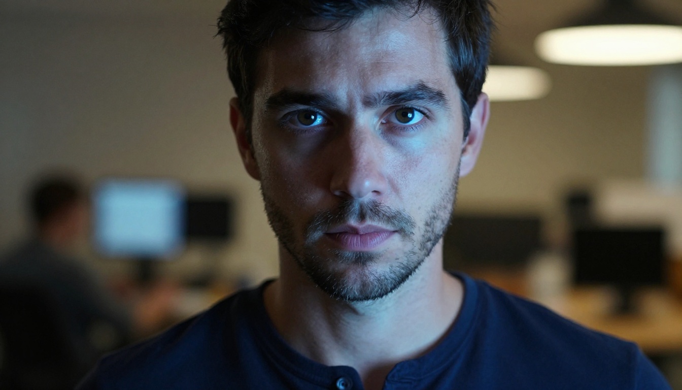 Close-up portrait of focused man lit by cool blue monitor screen glow