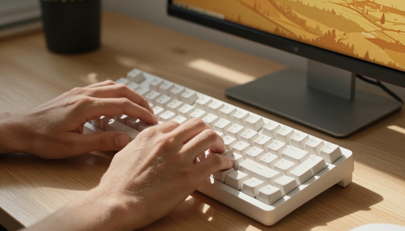 AI professional typing a prompt on a mechanical keyboard, monitor glowing with a partially generated landscape behind them