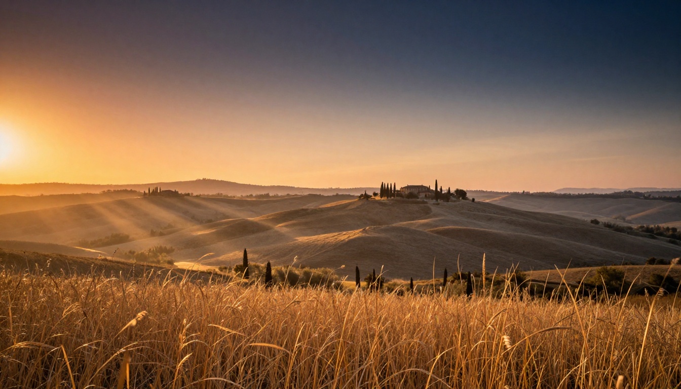 Golden hour Tuscan landscape with volumetric light rays, atmospheric depth, and accurate color temperature gradient from amber to cobalt