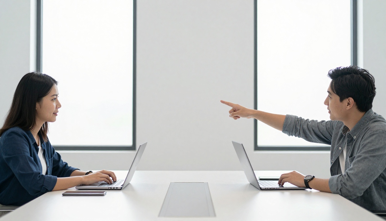 Two professionals seated side by side with open laptops in a bright office